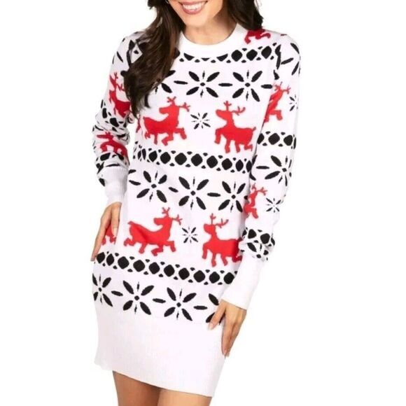 Tipsy Elves Sweater Dress Red and‎ White Reindeer Christmas Dress Womens Sz XL - Picture 1 of 8